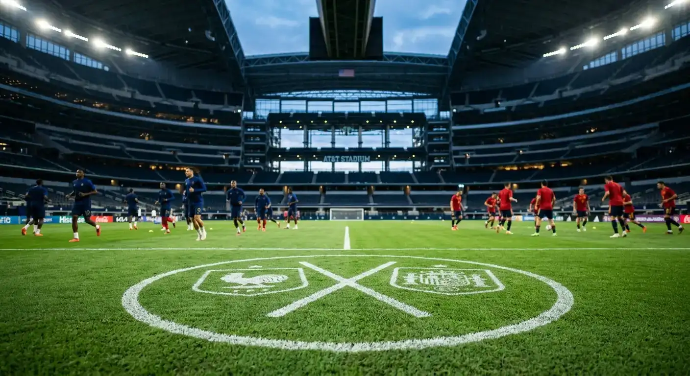 Tveir leikmenn — einn í bláum Frakklandsbúningi og einn í rauðum Spánarbúningi — mætast í miðjum grænum velli undir flóðlýstum AT&T Stadium í Texas