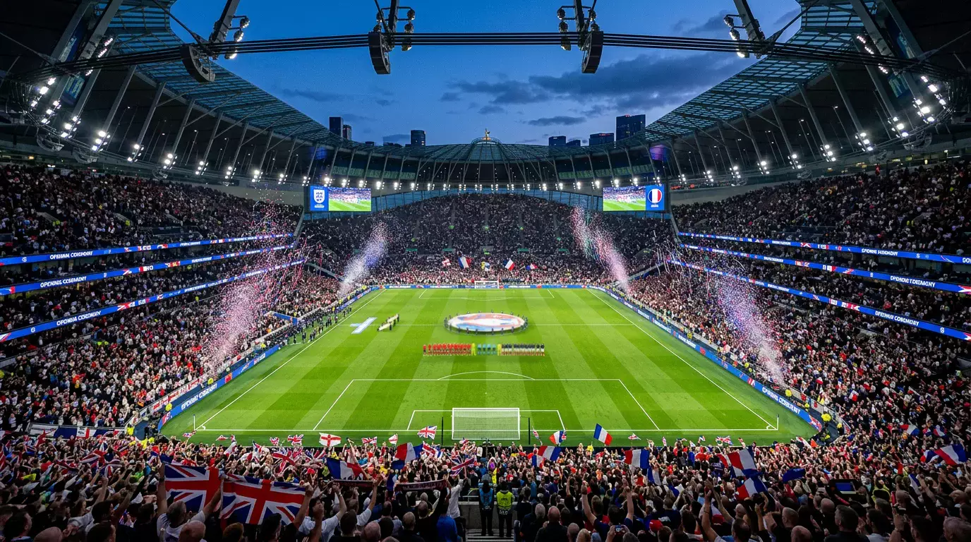 Fótboltavöllur undir flóðljósum tilbúinn fyrir heimsmeistaramót 2026 með stórum áhorfendahópi