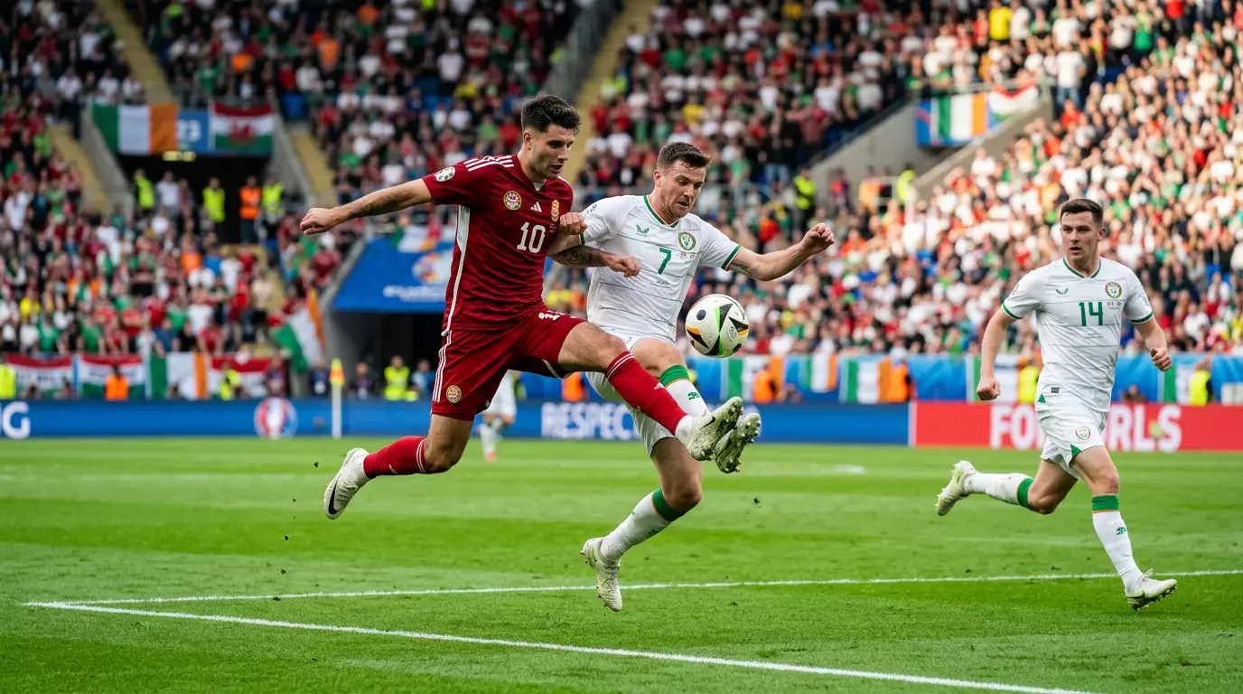 Fótboltamenn í mismunandi landsliðsbúningum keppa á grænni grasflöt á heimsmeistaramóti