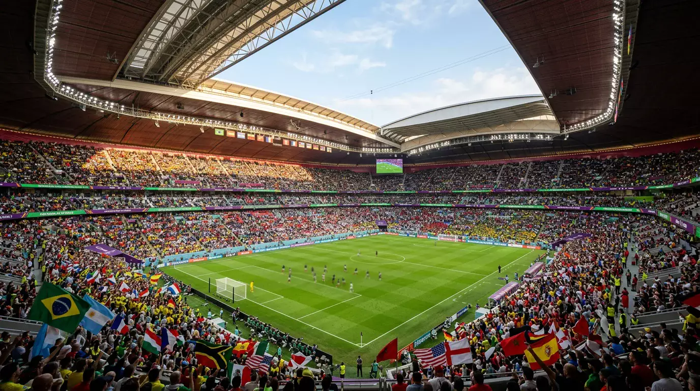 Yfirlit yfir fótboltavöll með fánum 48 þjóða sem keppa á heimsmeistaramótinu 2026