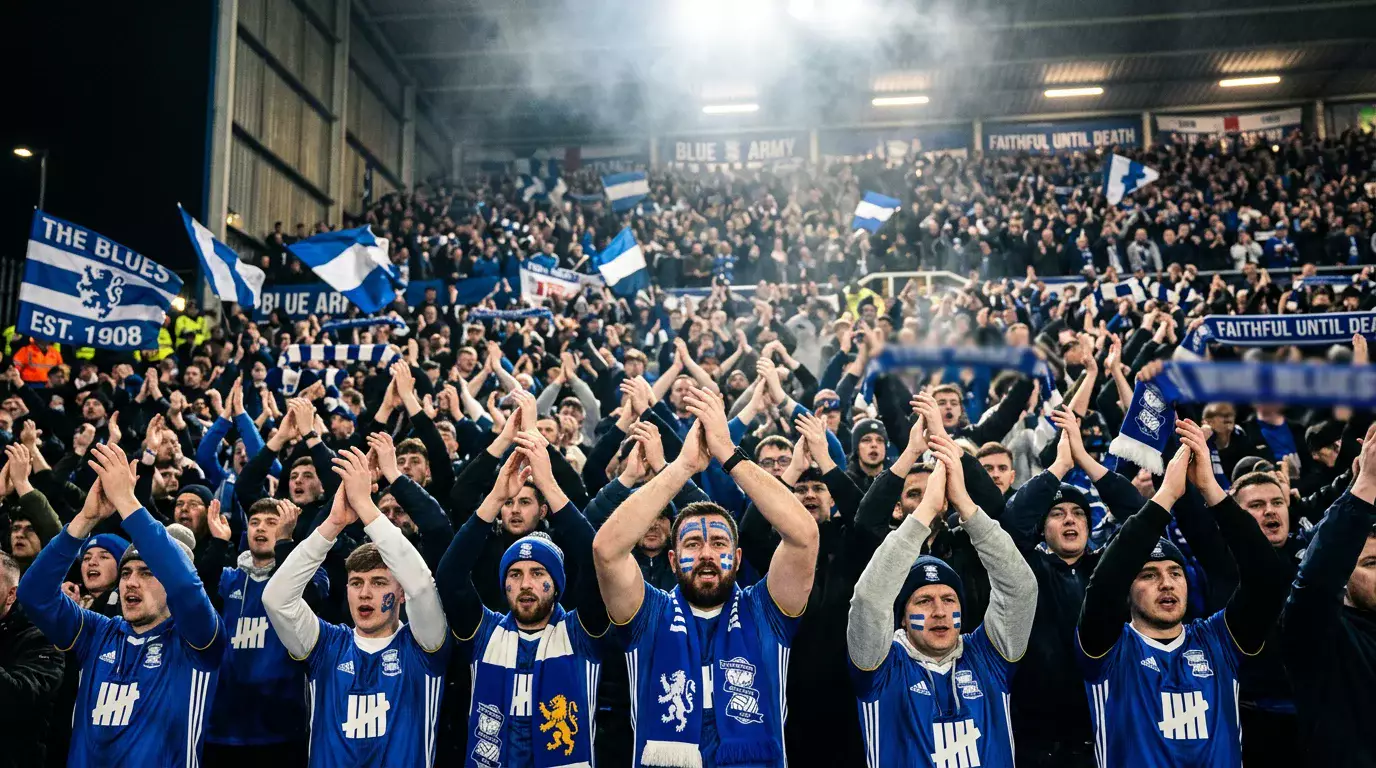 Íslenskir fótboltastuðningsmenn klæddir í blátt og hvítt framkvæma víkingaklapp á fótboltaleik