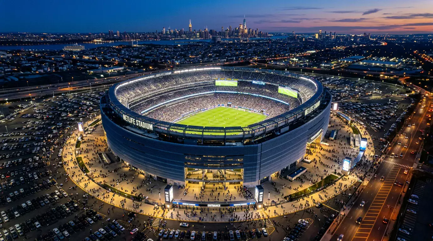 MetLife Stadium undir kvöldljósum með fótboltavelli og þúsundum áhorfenda á heimsmeistaramóti