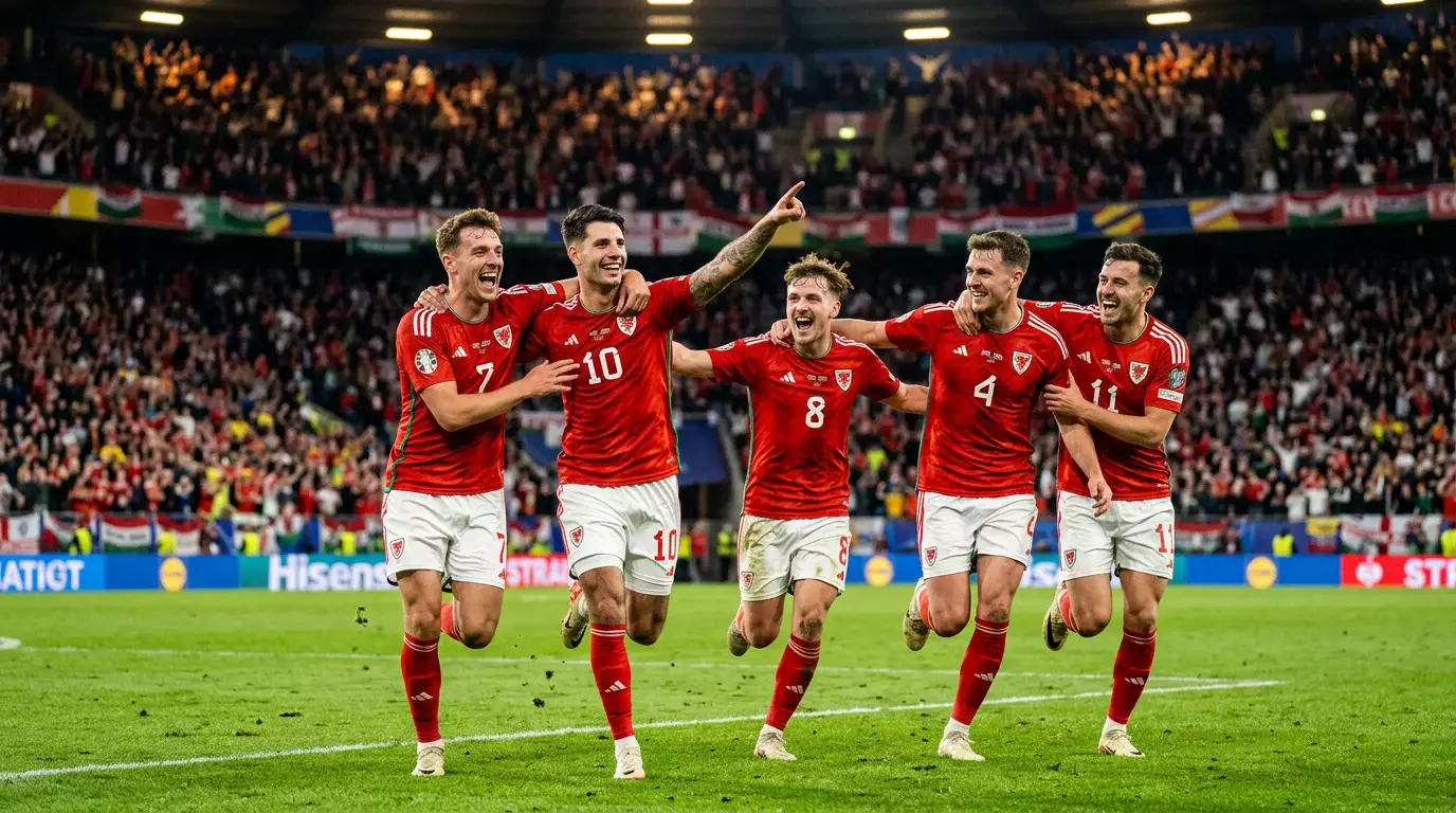 Norskir landsliðsleikmenn í rauðum búningum fagna marki saman á fótboltavelli